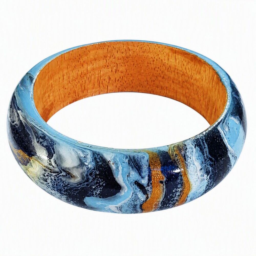 Bold VTG Style Multicolor Marbled Wooden Bangle Statement Bracelet 8.5"